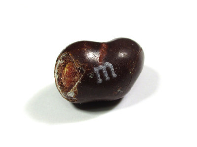 An unapologetic brown double-nut, with a chunk missing from the left side, exposing the nut.